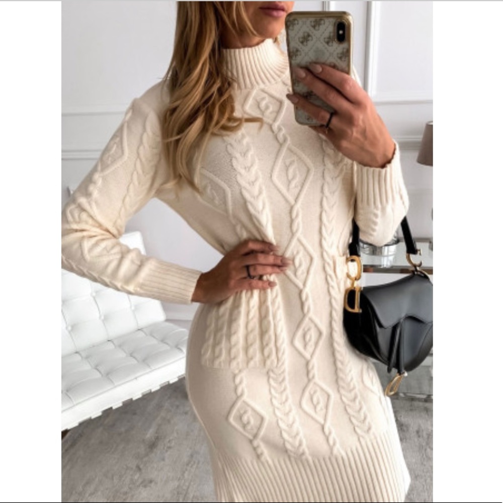 Beige High Neck Textured Bodycon Sweater Dress - Picture 5 of 14